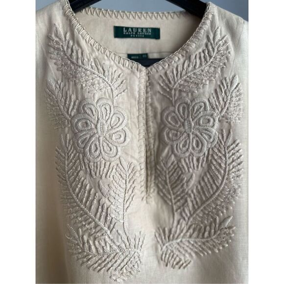 Lauren Ralph Lauren Petite Embroidered Small 100% Linen Blouse Beige - Picture 6 of 6